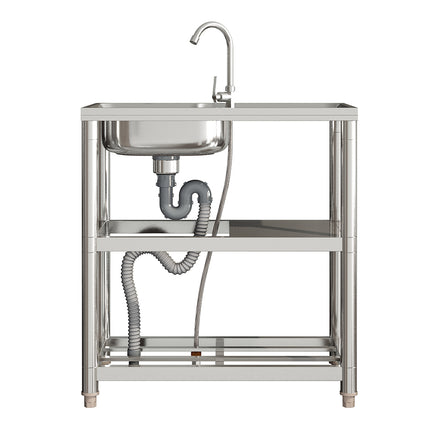 80cm H Silver Kitchen Stainless Steel One Compartment Sink with Shelves and Drainboard