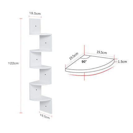 5 Tier White Wooden Zigzag Floating Corner Shelves 122cm High