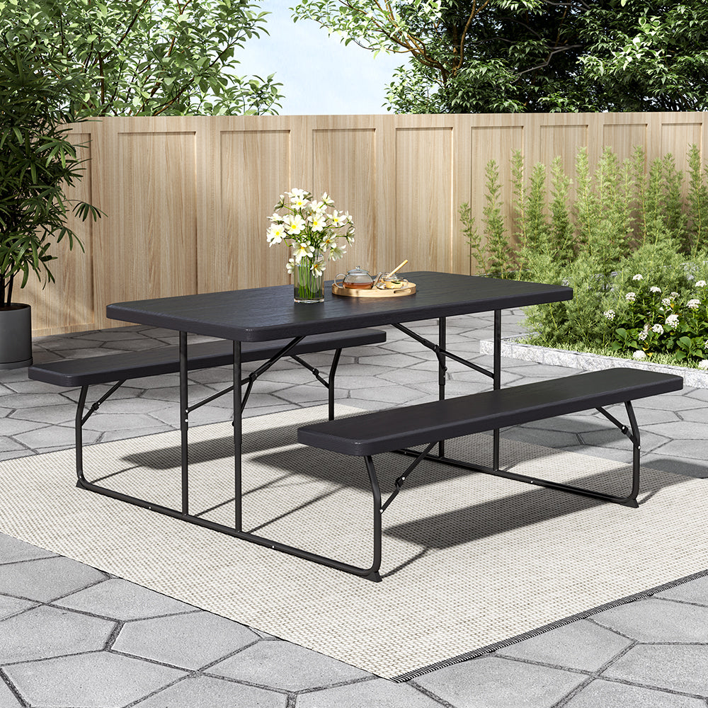 Foldable Black Bench and Picnic Table Set with Parasol Hole