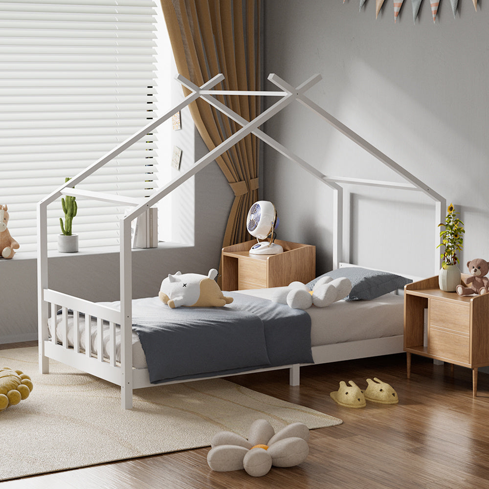 Nordic Pine Wood House Single Bed Frame with Roof for Toddler Kids