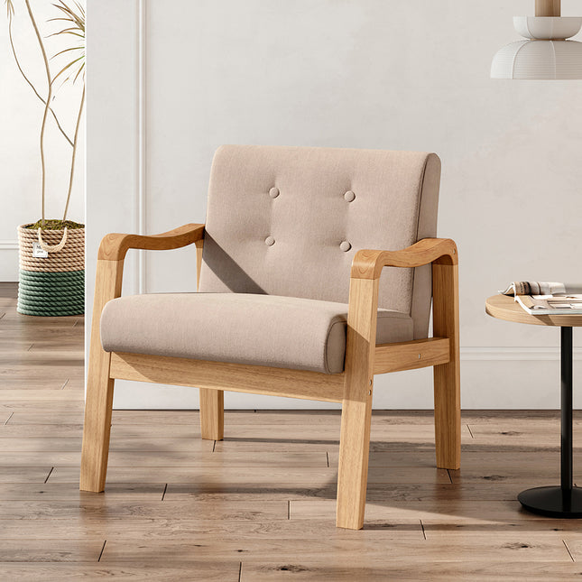 Modern Linen Fabric Buttoned Armchair Soild Wooden Frame Beige