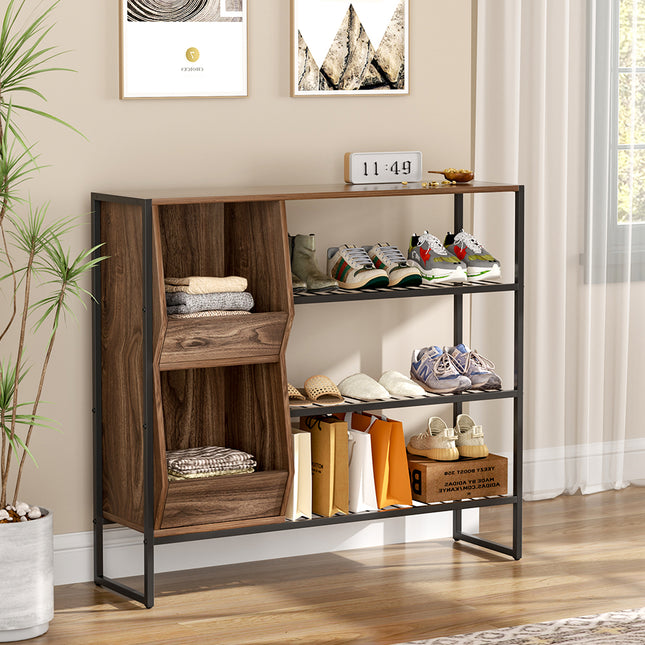 Three-Tier Shoe Organizer Shelf in Brown Modern Walnut