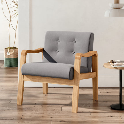 Soild Wooden Frame Grey Modern Linen Fabric Buttoned Armchair