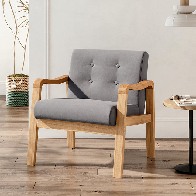 Soild Wooden Frame Grey Modern Linen Fabric Buttoned Armchair