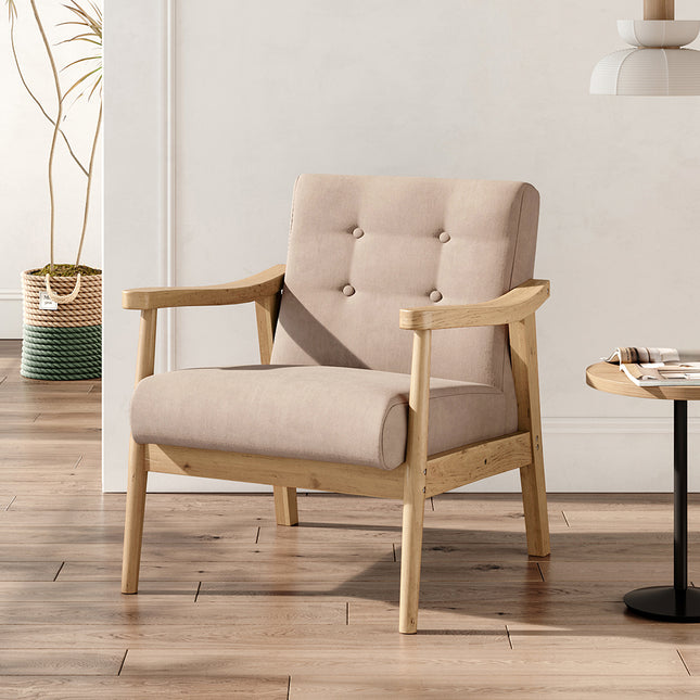 Accent Linen Fabric Buttoned Armchair Wooden Frame Beige