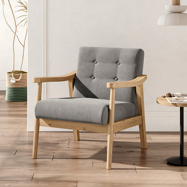 Grey Wooden Framed Accent Linen Fabric Buttoned Armchair