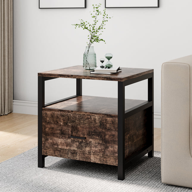 Brown 55cm industrial nightstand bedside table 1 drawer