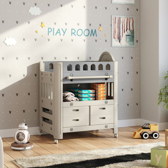 Beige Mobile Baby Diaper Changing Table with 4 Drawers and Storage Shelf