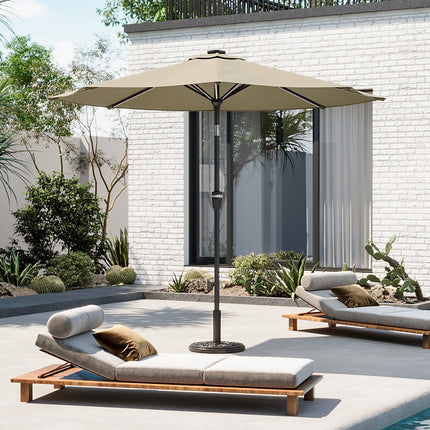 3M Large Garden LED Parasol Outdoor Beach Umbrella with Light Sun Shade Crank Tilt with 10KG Round Base, Beige