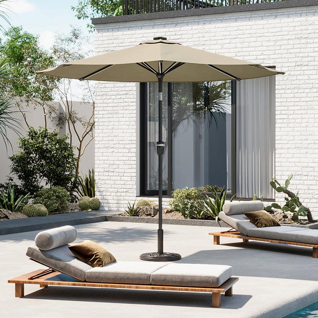 3M Large Garden LED Parasol Outdoor Beach Umbrella with Light Sun Shade Crank Tilt with 10KG Round Base, Beige