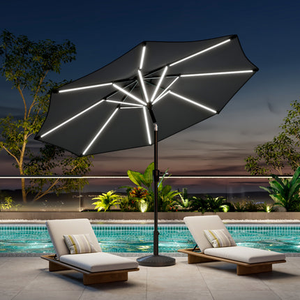 Large Solar Powered LED Umbrella for Outdoor Garden Patio with Base Dark Grey