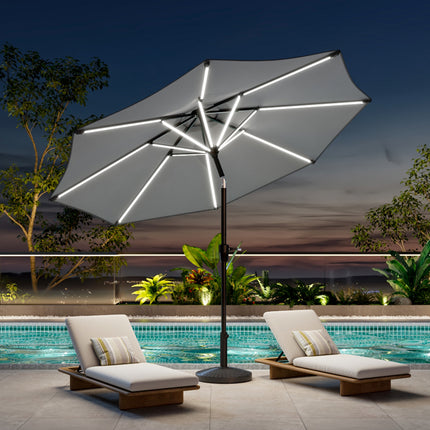 Large Solar Powered LED Patio Umbrella for Outdoor Garden with Base Light Grey