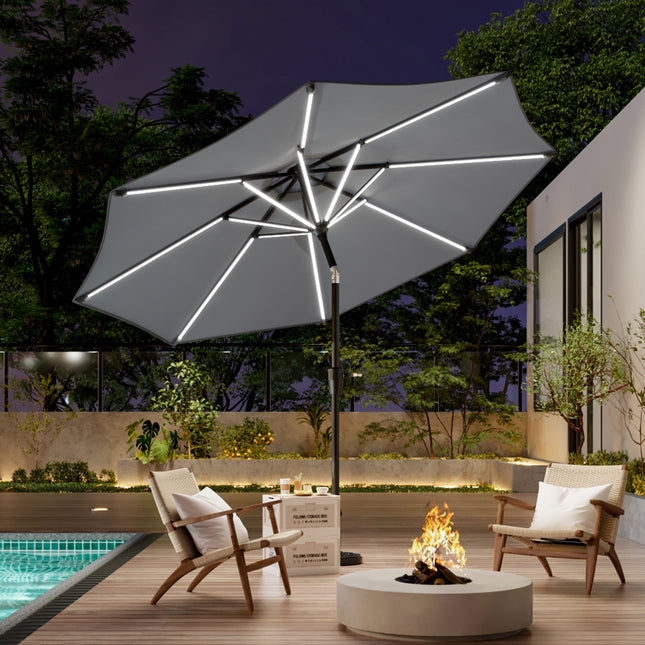 3M Light Grey Large Garden LED Parasol Outdoor Beach Umbrella with Light Sun Shade Crank Tilt No Base