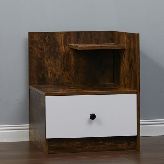 Urban Style Wooden Bedside Table with Drawers and Open Shelves White and Rustic Brown