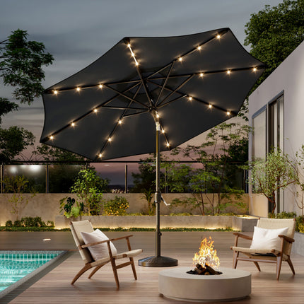 3M Large Garden LED Parasol Outdoor Beach Umbrella with 14KG Round Base Dark Grey