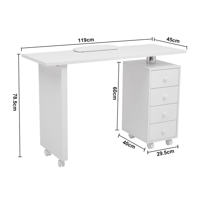 White 4 Drawers Manicure Nail Table Beauty Desk on Wheels 119cm