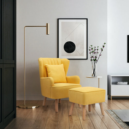 Yellow Upholstered Wingback Armchair and Footstool Set