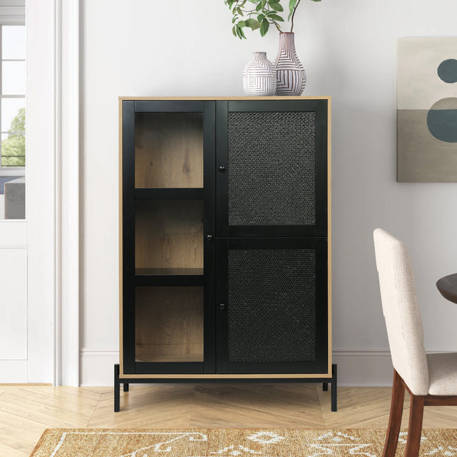 7 Cubes Stylish Modern Cabinet with Glass and Woven Straw Doors