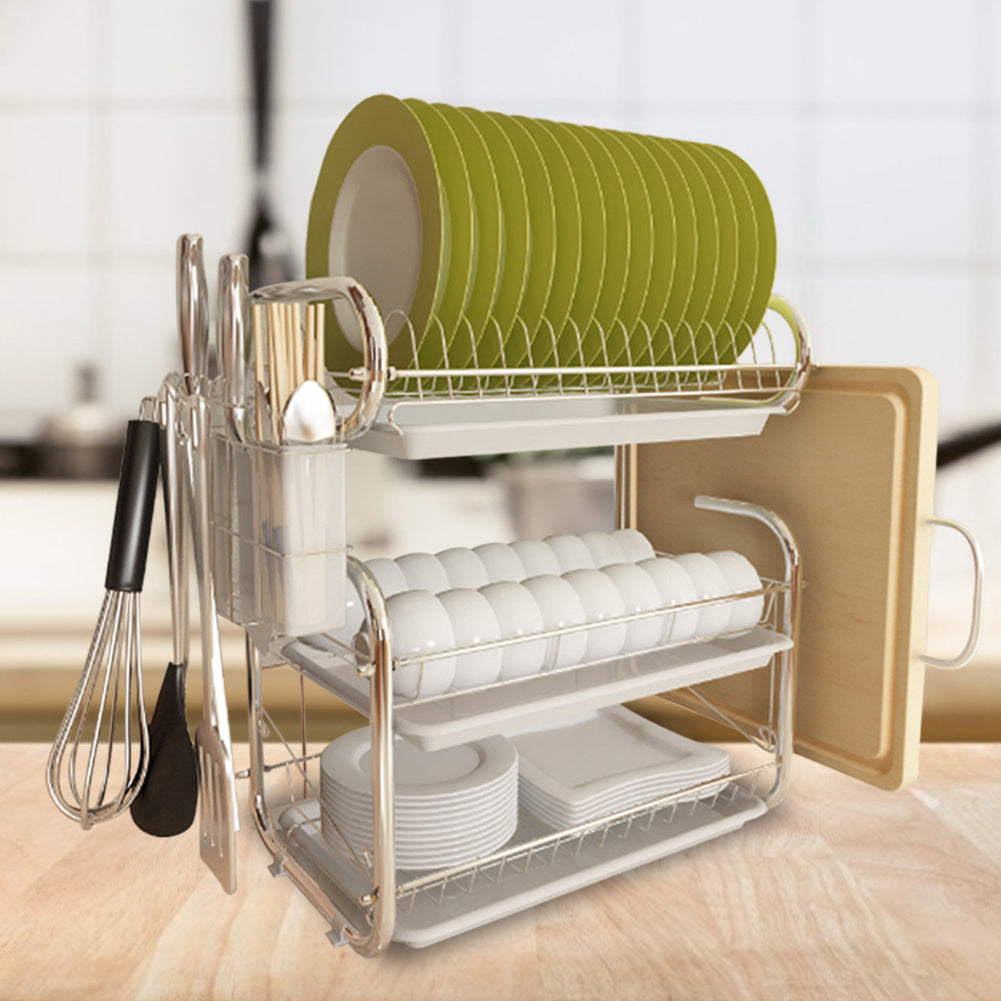 Chrome Drying Rack 3 Tier Chrome Dish Drying Rack Cutlery Cups Holder with Drip Tray ...