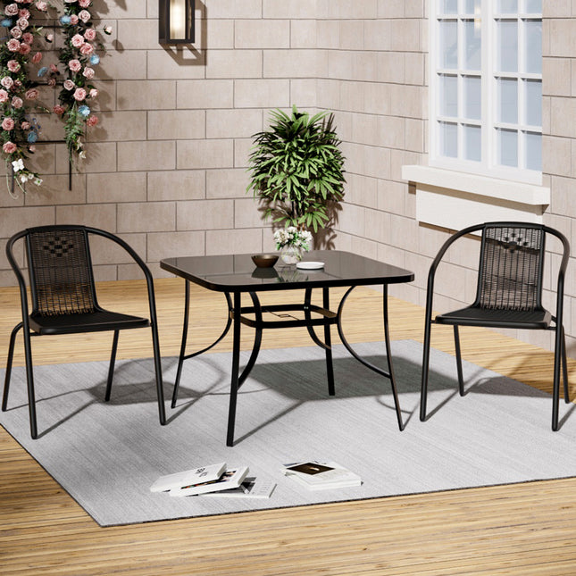 Set of 3 Garden 105CM Patio Glass Umbrella Rectangle Table and Stackable Chairs Set