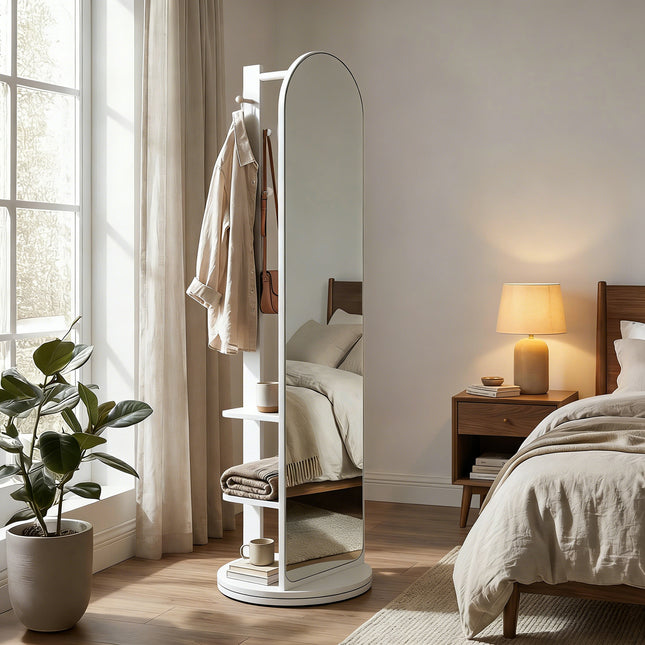 360° Rotating Arched Full-Length Mirror with Coat Rack