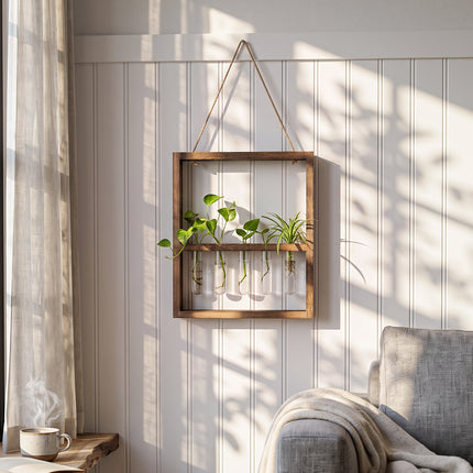 5-Tube Wall Hanging Plant Propagation Station with Wooden Frame