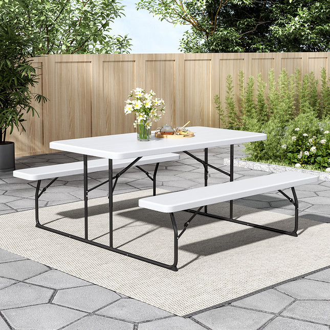 White Foldable Picnic Table and Bench Set with Parasol Hole