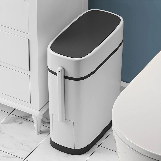 Slim Plastic Trash Can with Built-in Toilet Brush