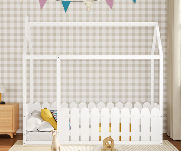 Wooden House Toddler Bed with Fence and Roof