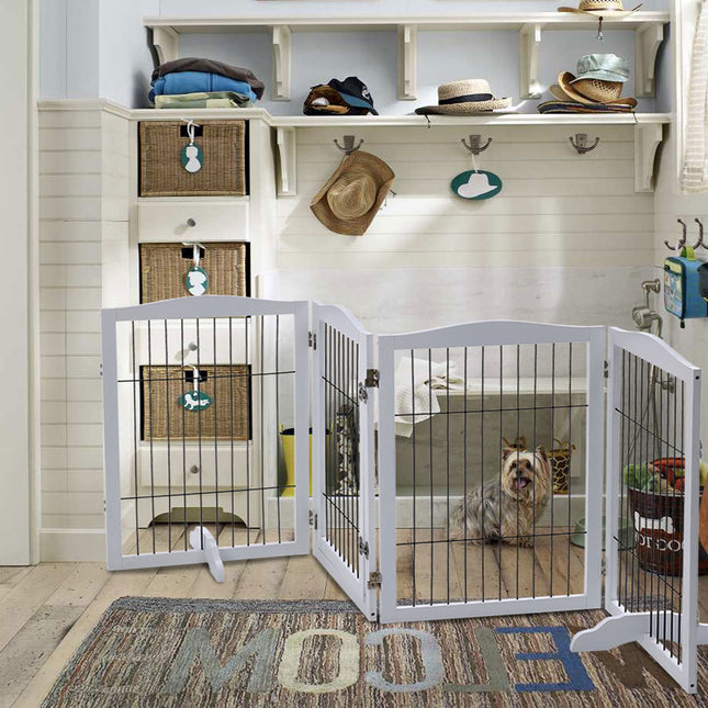 White 224cm 4 Panel Wooden Folding Pet Playpen