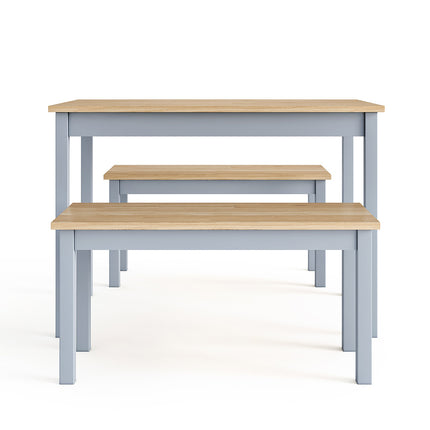 Three contemporary wood dining tables and benches in grey