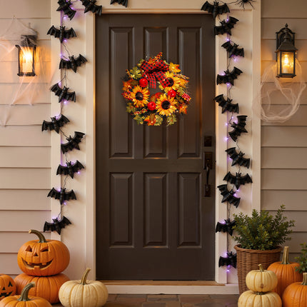Prelit Autumn Wreath with Artificial Maple Leaves and Sunflowers