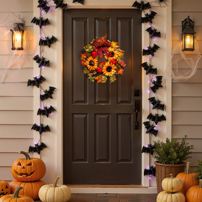 Prelit Autumn Wreath with Artificial Maple Leaves and Sunflowers