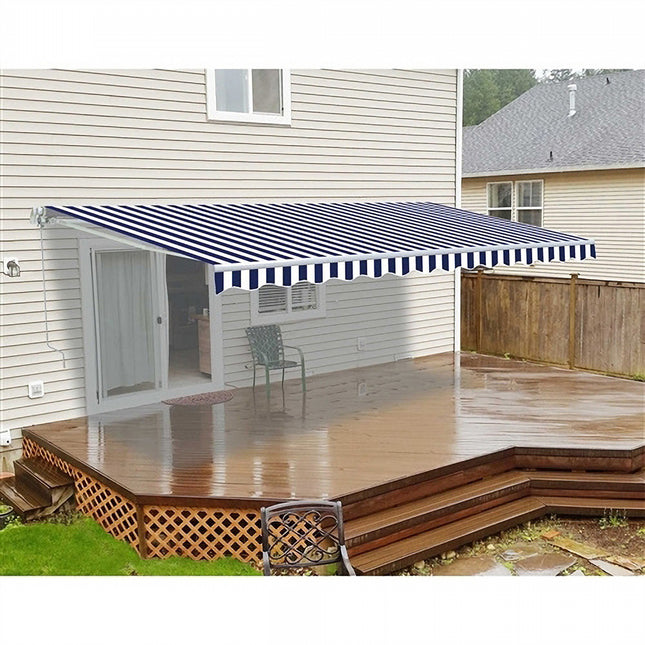 Outdoor Retractable DIY Manual Patio Awning Canopy Garden Shade Shelter Blue&White 350x300CM