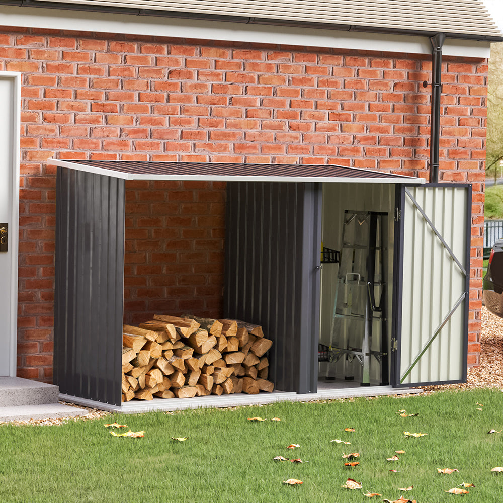 Steel Outdoor Garden Storage Shed with Log Stacking Rack Charcoal Blac ...
