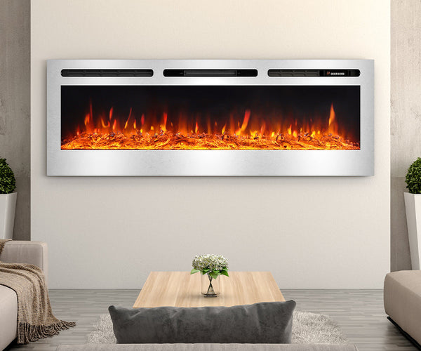 60 inch Wall Mounted Fireplace 12 Flames Remote Control LED Recessed Fire Heater