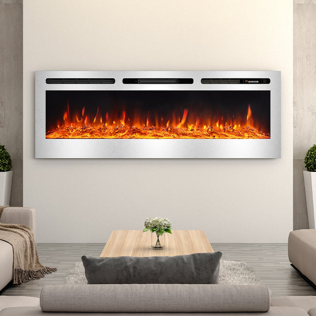 Silver 60-inch Wall Mounted Fireplace with 12 Flames and Remote Control LED Recessed Fire Heater