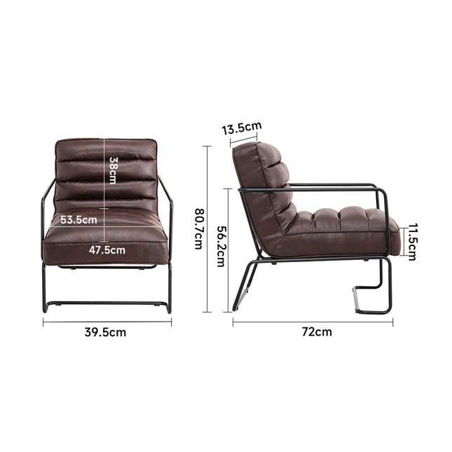 Brown Mid-Century PU leather Linen Armchair with Metal Base