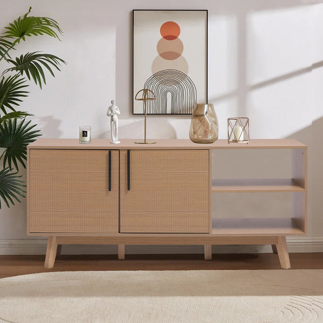 Wooden TV Stand with Storage Cabinet and Open Shelves