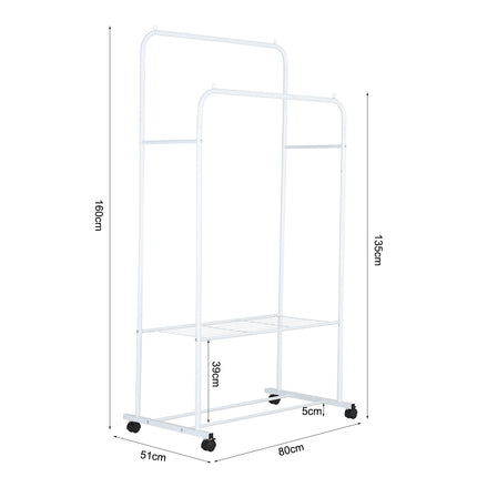 Rolling Clothes Rail Garment Rack Double Bar Clothing Shelf