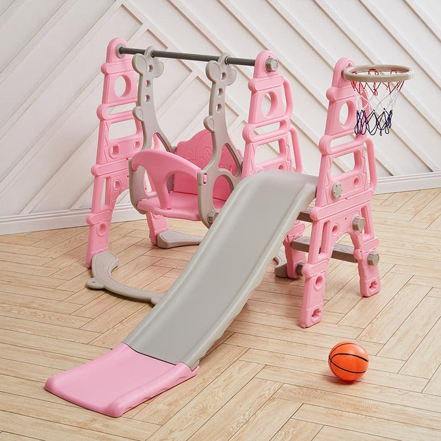 Kids Swing Slide and Basketball Hoop 3 in 1 Play Game Center,Pink