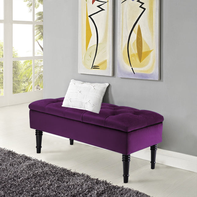 Purple Buttoned Velvet Ottoman Storage Bench 102x43 cm
