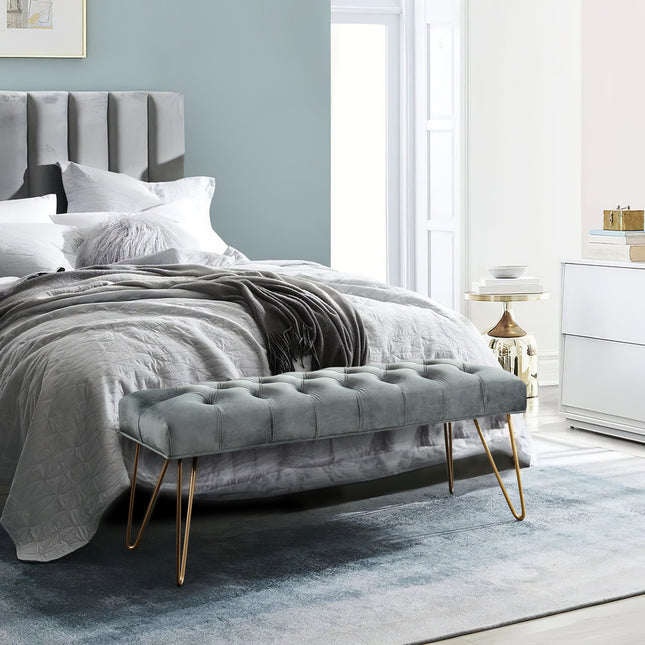 Velvet Buttoned Ottoman Footstool Gold Chrome Legs,Grey,116x40cm