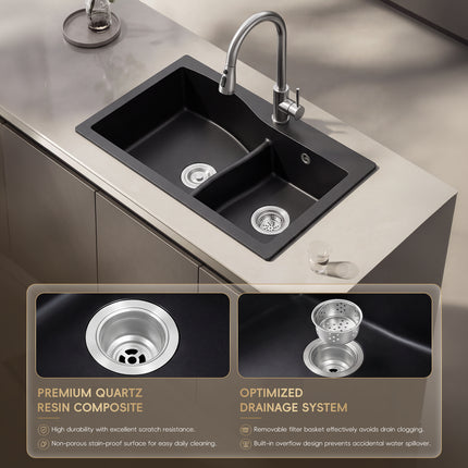 Modern Double Bowl Quartz Resin Composite Kitchen Sink with Waste Kit