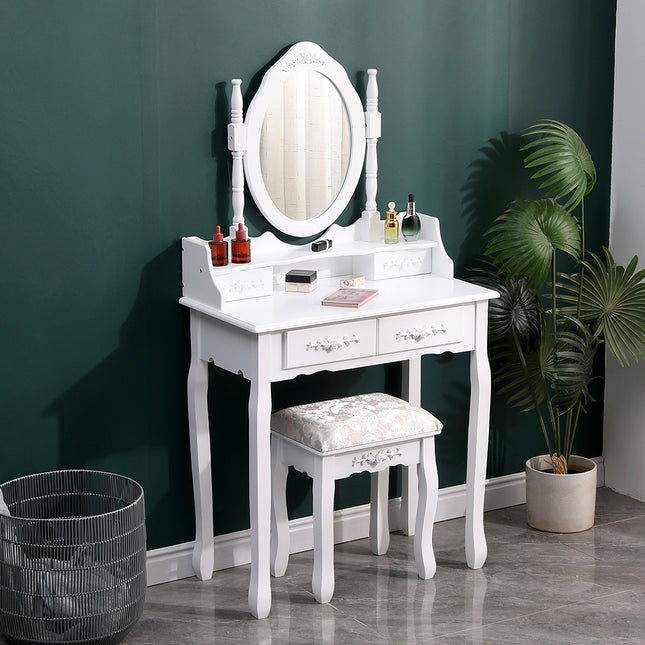 White 4 Drawers Dressing Table with Mirror and Stool Set 141cm H