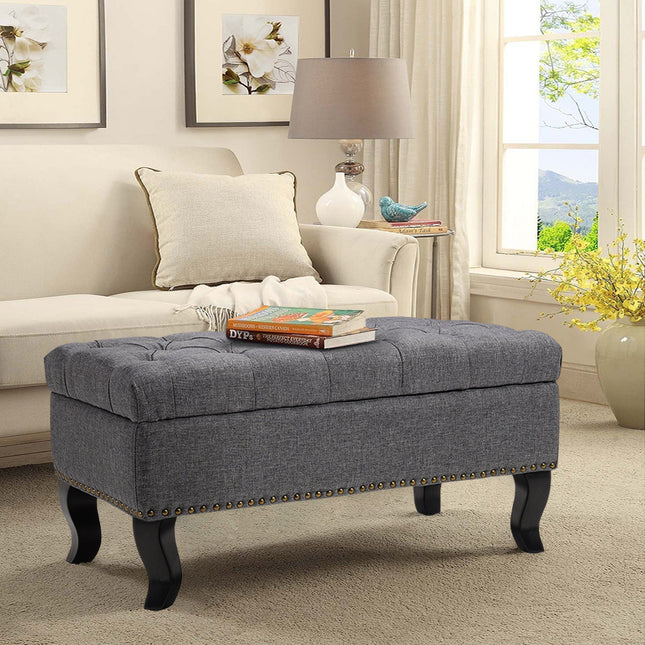 Linen Upholstered Chesterfield Buttoned Footstool Grey 80x40cm