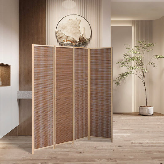 Brown Bamboo Woven 4 Panel Folding Room Divider Privacy Screen
