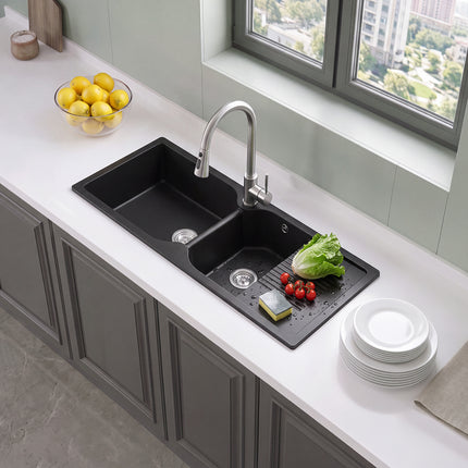 Double Bowl Quartz Resin Composite Kitchen Sink with Waste Kit