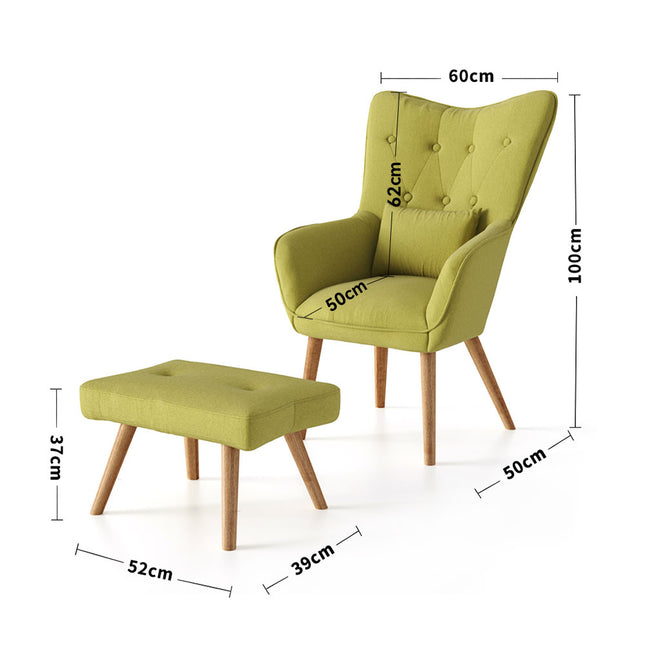 Linen Curved Buttoned Back Armchair with Footstool and Lumbar Pillow, Green