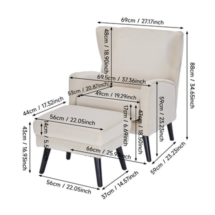 Velvet Upholstered Leisure Chair with Footstool